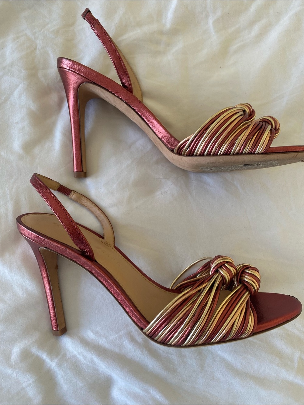 Veronica Beard Metallic Red & Gold Knotted Strap Heels - Picture 6 of 13